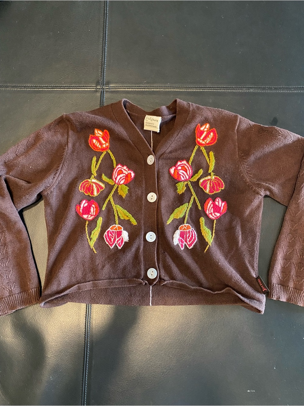 Jottum Girl’s Embroidered Floral Button-Front Brown Sweater, sz EUR 116 (USA 6)